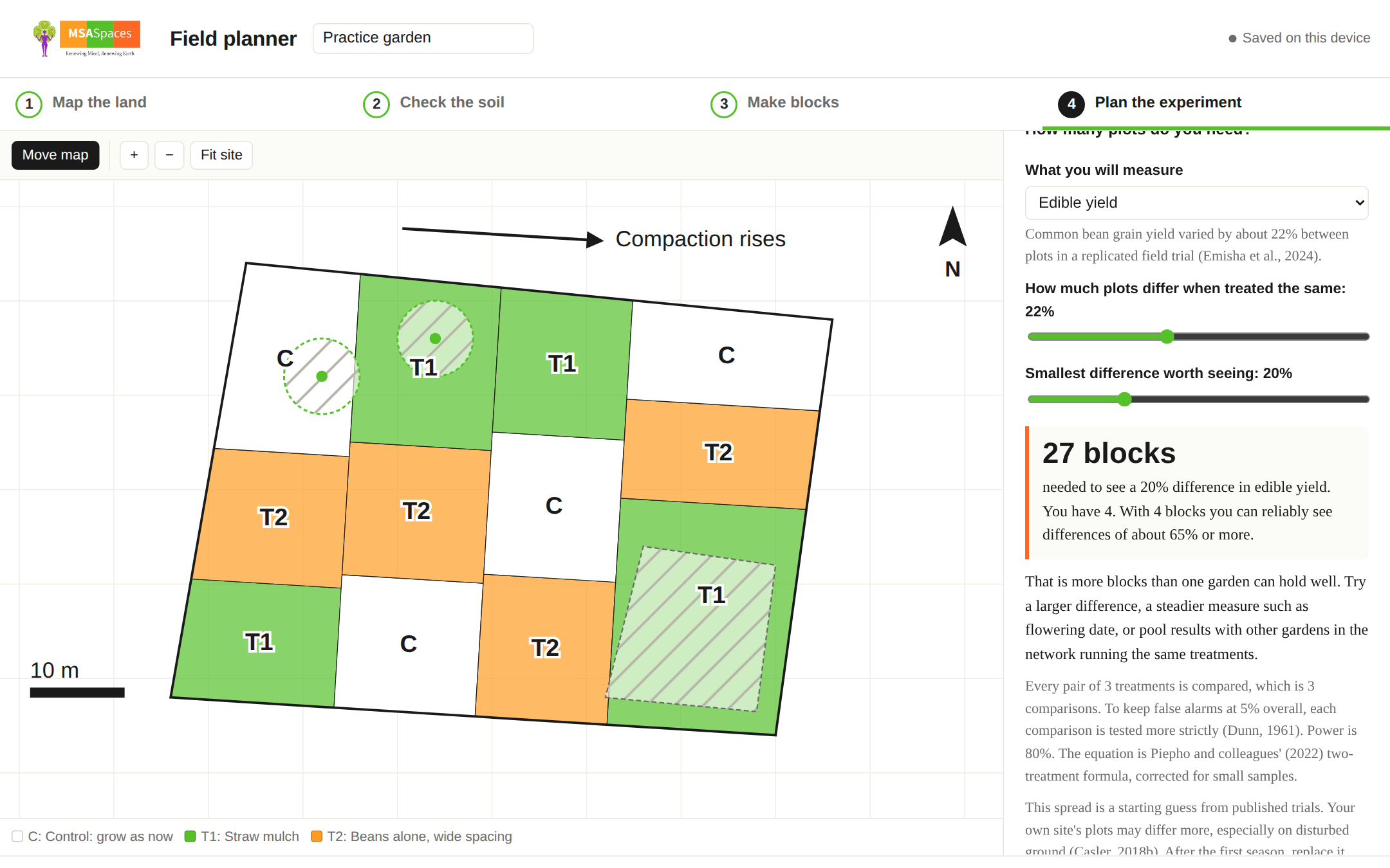 The field planner showing a plot plan in which each block holds one control plot and one plot of each treatment in a shuffled order, beside an estimate of how many blocks are needed.