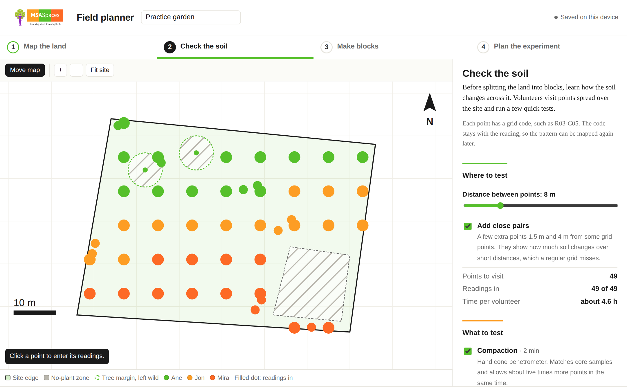 The field planner showing soil-test points spread across a practice garden, coloured by volunteer, with the reading form open for one point.